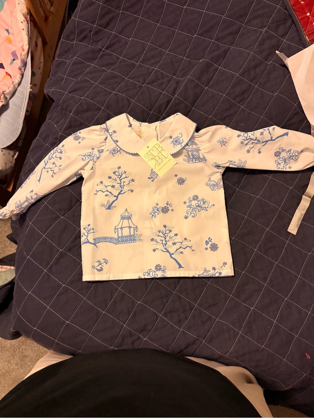 TBBC Cream Long-Sleeve Girls' Top with Blue Chinoiserie Print